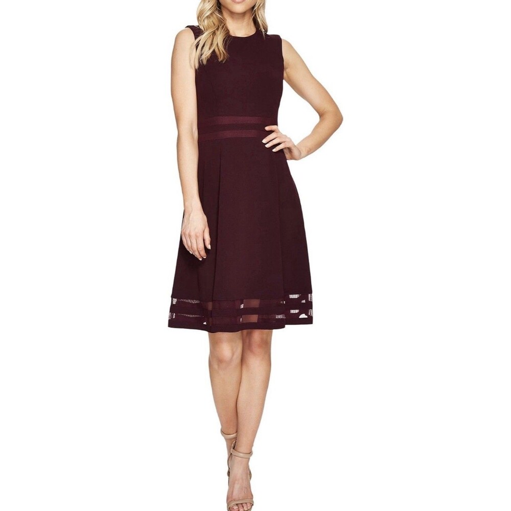 Calvin Klein Womens Plum Purple Fit Flare Dress Sheer Mesh Trim Size 10